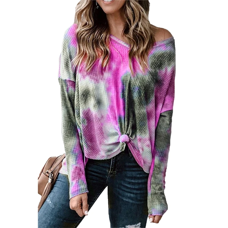

Women Long Sleeve Waffle Knit Sweater Sexy V-Neck Gradient Tie-Dye Jumper Tops BX0B