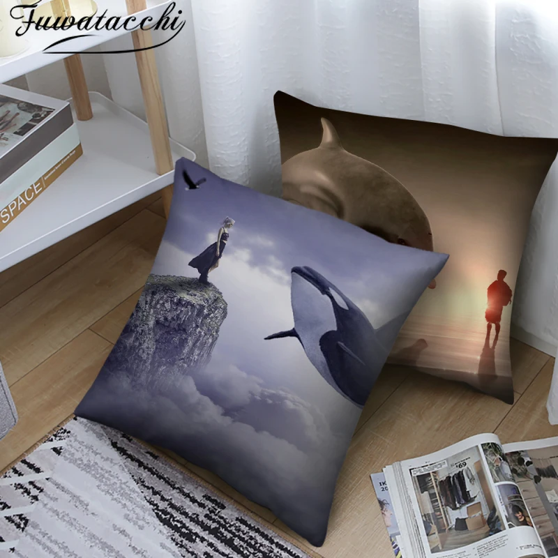 Декоративная наволочка Fuwatacchi с рисунком дельфина яркий морской мир украшение