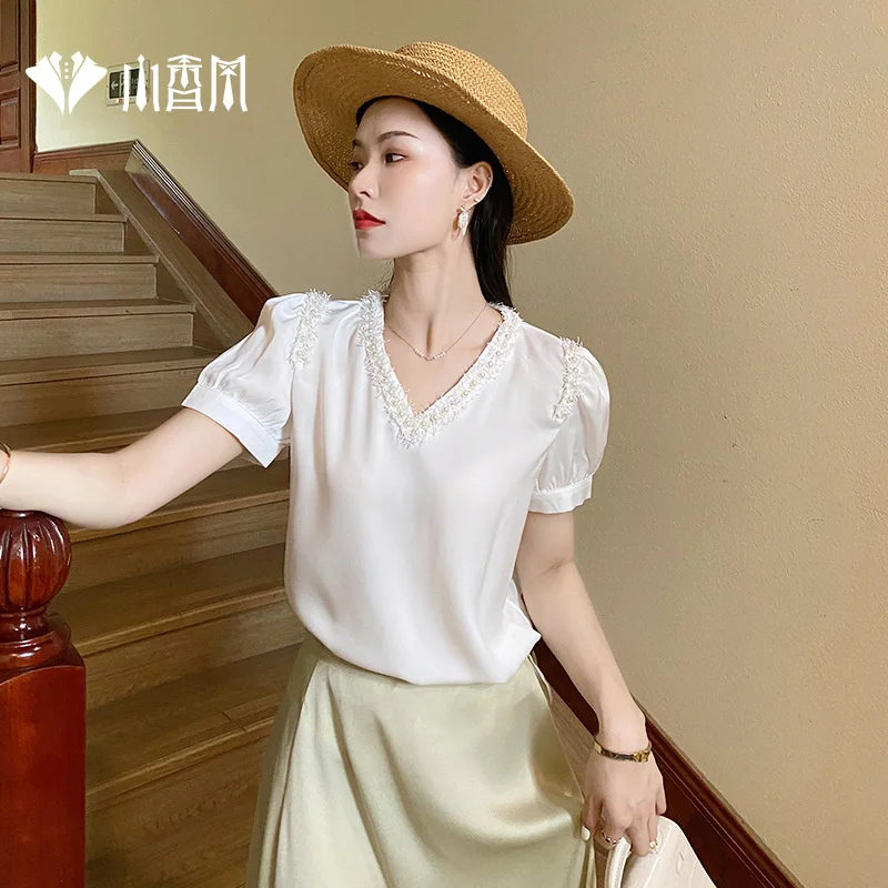 

Small fragrance T-shirt summer 2021 New Pearl tassel Chiffon short sleeve foreign style fashion light luxury thin solid color