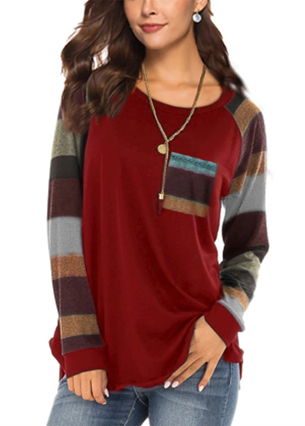 

Woman TShirt Striped Contrast Solid Color Patch Pockets Irregular Hem O Neck Spring Autumn All Match Long Sleeve Tops Ladies