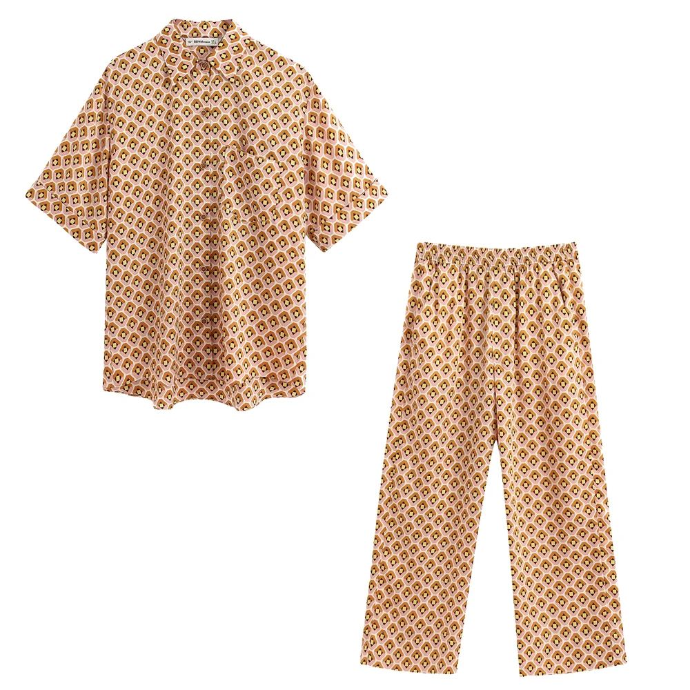 Женский костюм из двух предметов летняя блузка с геометрическим принтом и брюки