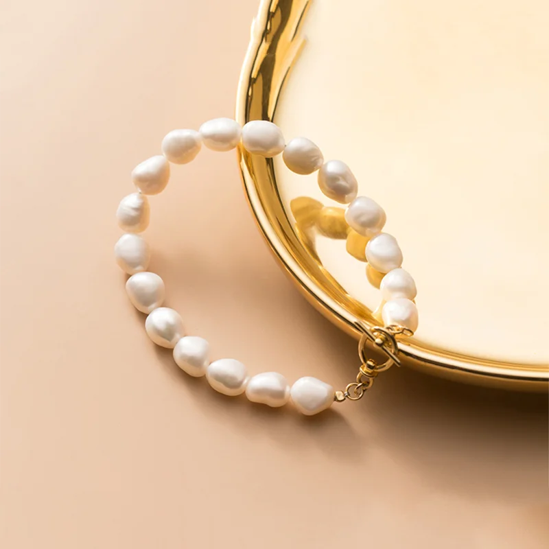 

A00865 925 Sterling Silver Natural Freshwater Geometry Baroque Pearl OT Buckle Charm Bracelet for Women Trendy Jewelry