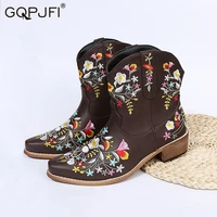 women boots autumn winter round toe platform flat boots embroidered printed leather boots retro knight boots womens short boots