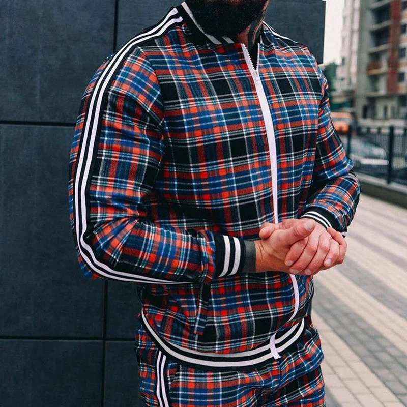 

2021 cross-border new autumn casual men's clothing European and American men's sports suit plaid zipper shirt jacket trousers tw