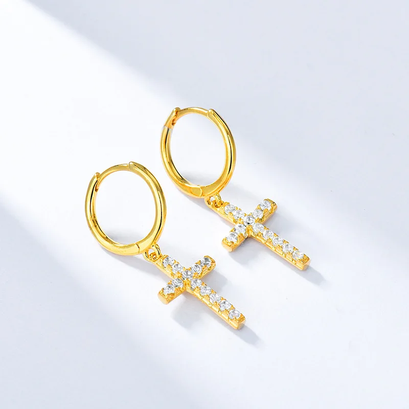 

GREEN PURPLE S925 Sterling Silver Cross Hoop Earrings Plated 18K Gold Zircon Stud For Fashion Girl Fine Jewelry Gift