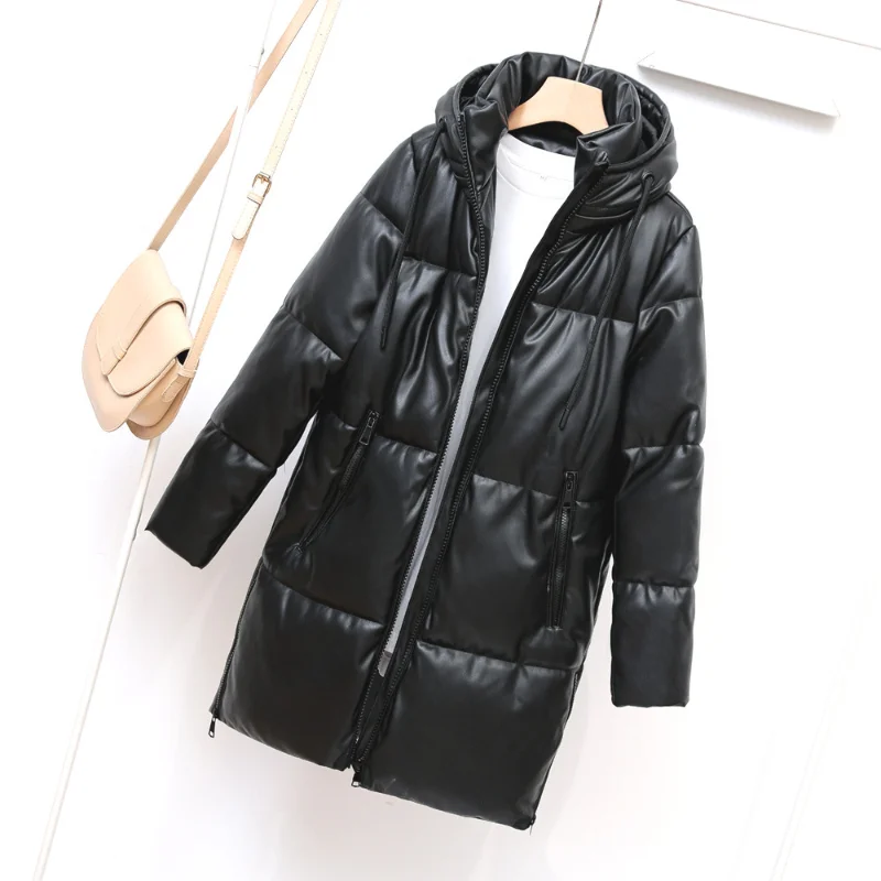 

Autumn Winter New Woman Black Pu Leather Jacket Female Loose Warm Jackets Ladies Fashion Thicken Outerwear Hooded Coats A106
