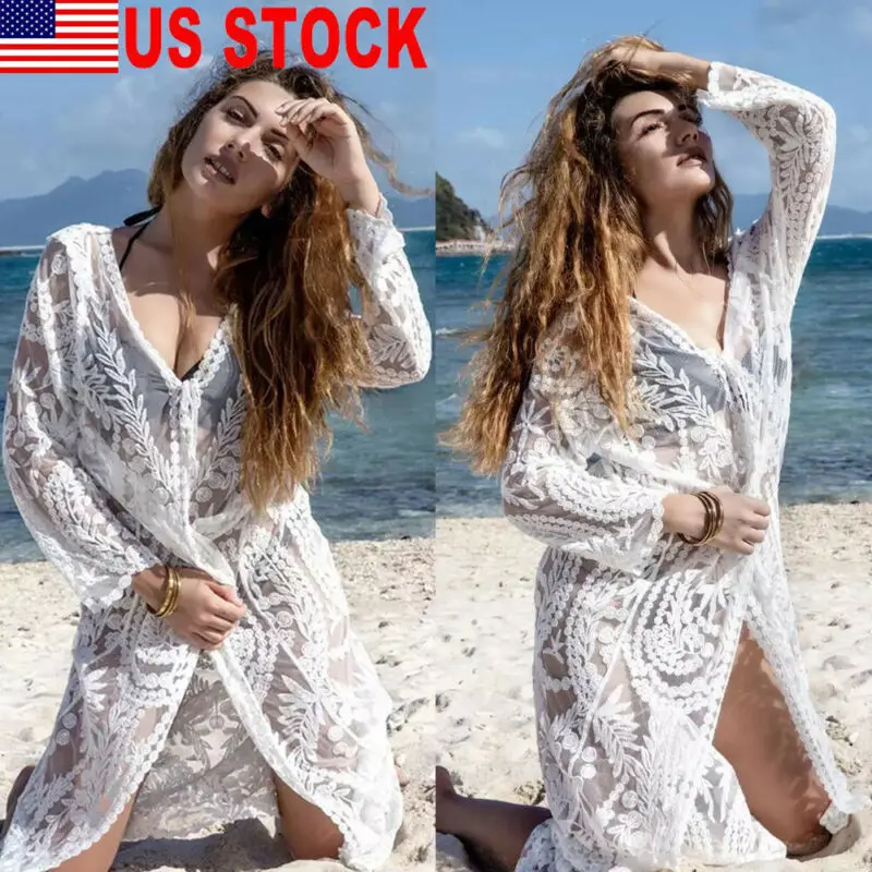 

2020 Women's Lace Crochet Long Sleeve Bikini Beachwear Kaftan Cover Up Beach Dress Bathing Suit Beachwear