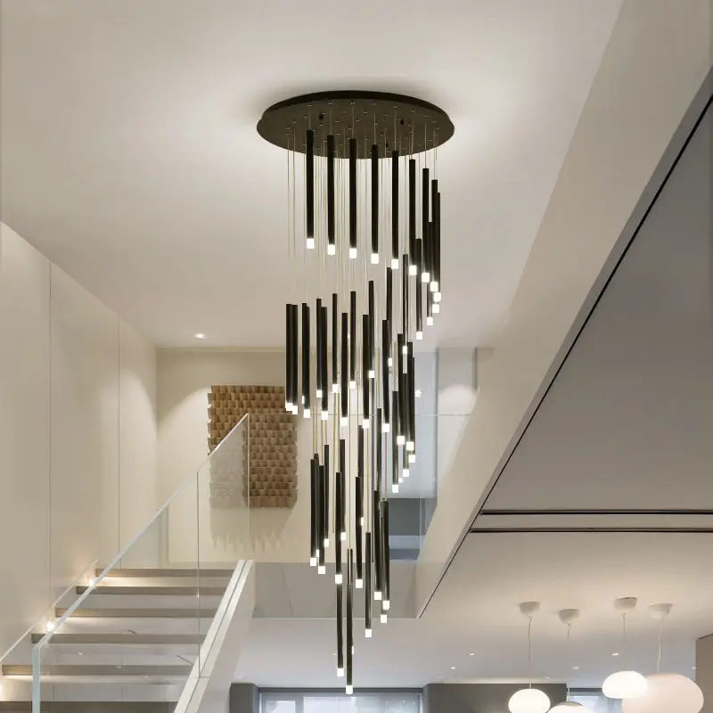 

Modern LED Staircase Chandelier Duplex Loft Pendant Lamp Nordic Living Room Lamp Villa Spiral Staircase Black Long Hanging Light