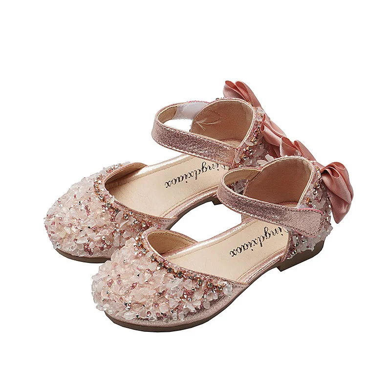 

New Kids Leather Shoes Girls Wedding Shoes Children Princess Sandals Sequins Bow Girls Casual Dance Shoes Flat Sandals E462