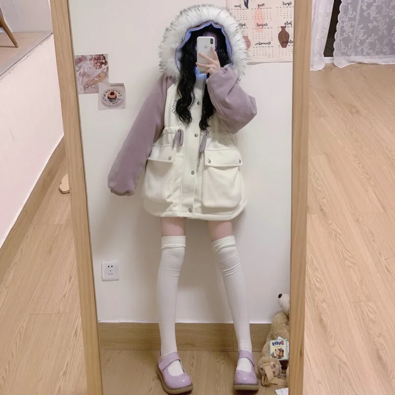 

Winter Jacket Women Sweet Japanese Harajuku Soft Girl Lovely Thickened Cotton Coat Spliced Color Artifical Fur Hooded Warm Parka