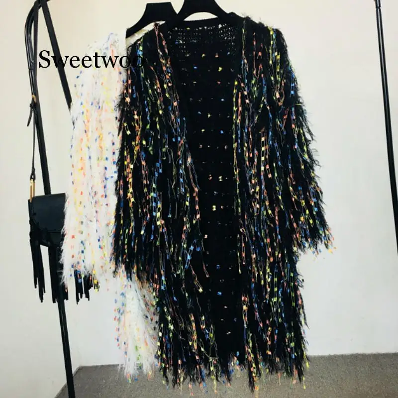 

Вязаный свитер с блестками и кисточками, длинная куртка, кардиган ручной работы с цветами и крючками, пушистое бархатное пальто с бахромой, ...