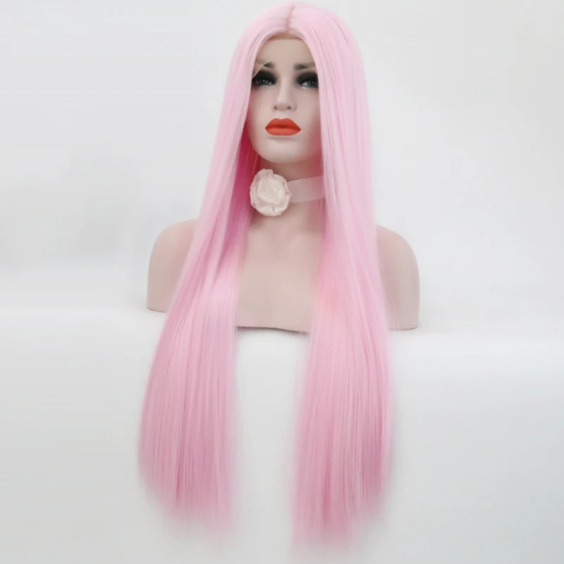 Длинный шелковистый прямой розовый парик термостойкие волосы синтетический на