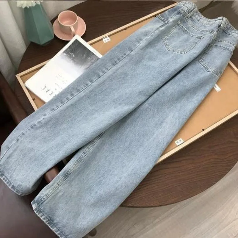 

2020 Autumn Light Blue Denim Trousers Vintage Wide Leg Pants Women Korean Straight Long Pants High Waist Casual Loose With Belt