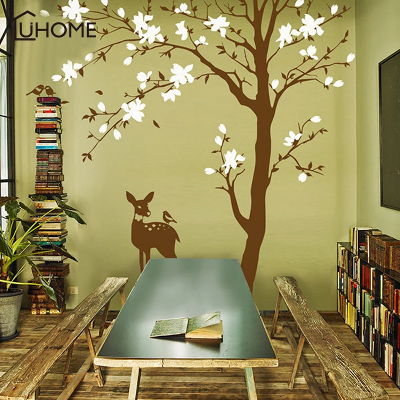 Большой элегантный розовый белый цветок дерево магнолии стикер стены грациозный