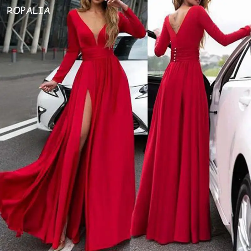 

Женское вечернее платье с V-образным вырезом, однотонное длинное платье с высокой талией и длинным рукавом