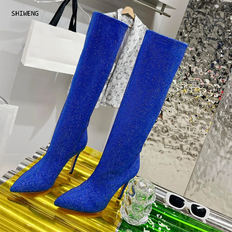 

2021 New Brand Luxury Crystal Shoes Woman Pointed Toe Knee High Boots Sexy Rhinestone Thin Heel Boots Ladies Botas Mujer