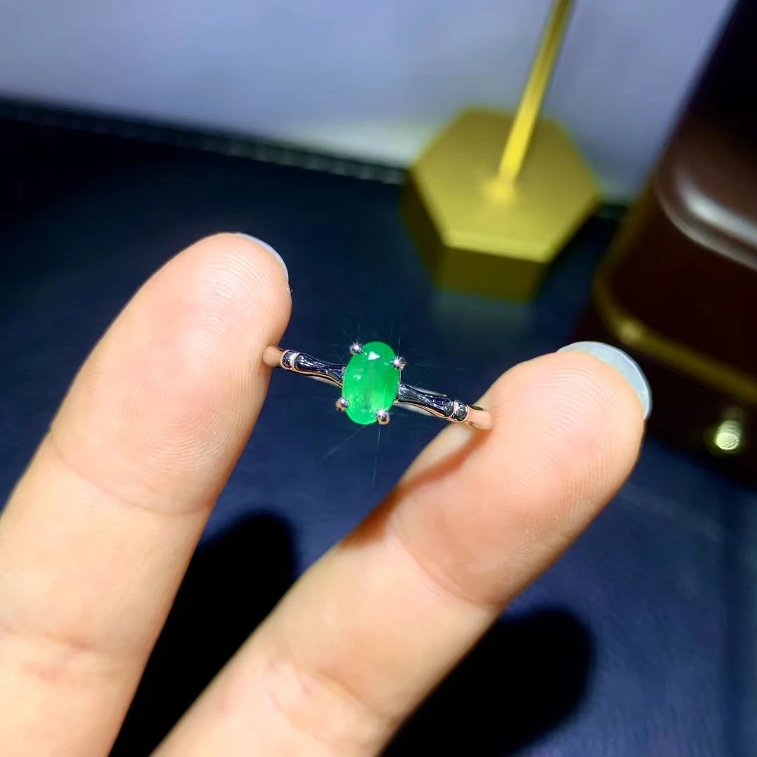 925 Pure Silver Chinese Style Natural Emerald Women's Popular Exquisite Simple Adjustable Gem Ring Fine Jewelry Support Detectio