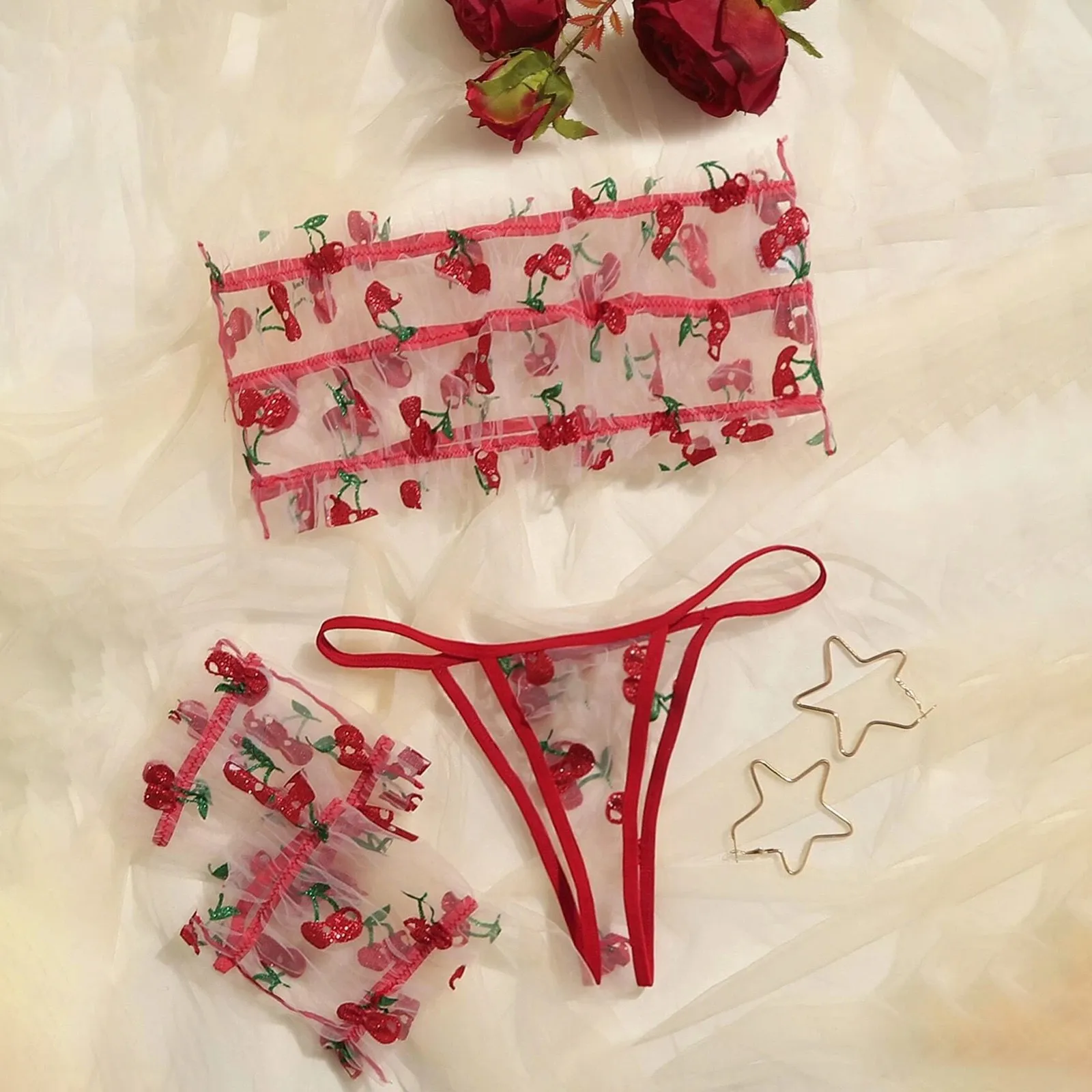 

Mesh Perspective Underwear Set Women Sexy Lingerie Seamless Embroidery Lace Lingerie Set Hot Erotic Starpless Bra Brief Set 4Pcs