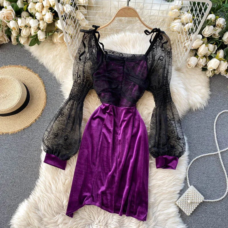 

Square Autumn Collar Sexy Mesh Bodycon Dress Women Elegant Purple Velvet Patchwork Mini Vestidos Female Fashion Pleated Robe New