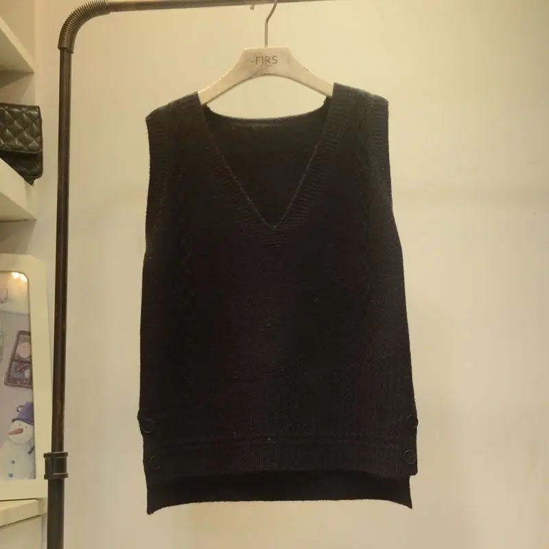 

Black RU Hemp Flower Button Fall V-neck Knit Sleeveless Sweater Easy Vest Loose Out Coat Lady Top Cloth for Girl Women Waistcoat