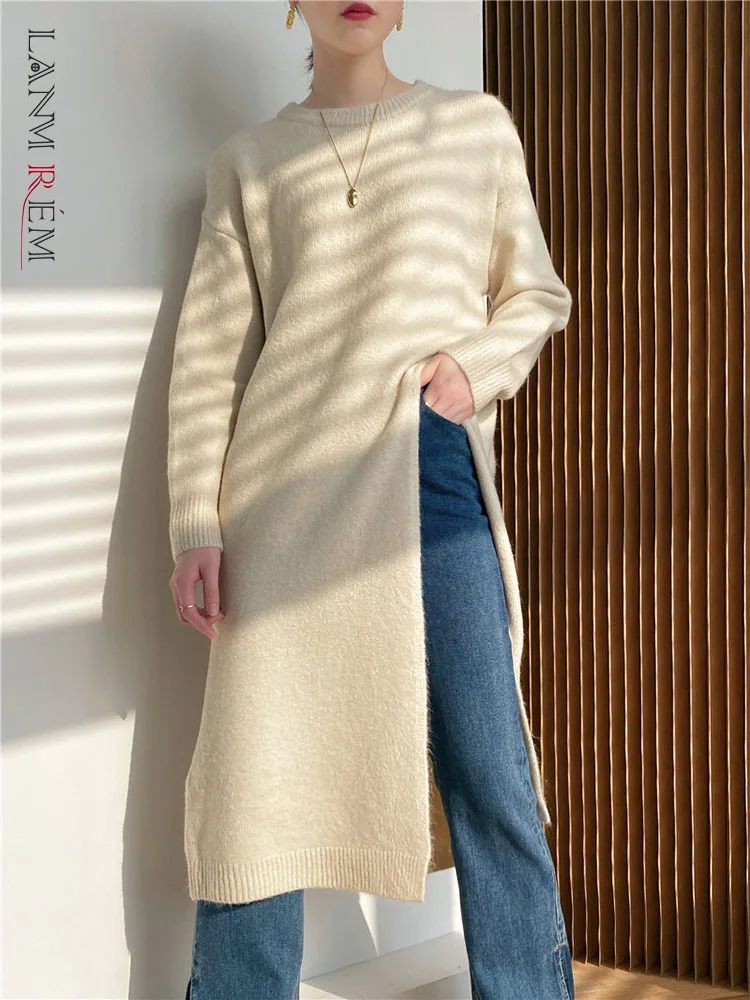LANMREM пуловер вязаный свитер женский средней длины длинный рукав с разрезом сбоку