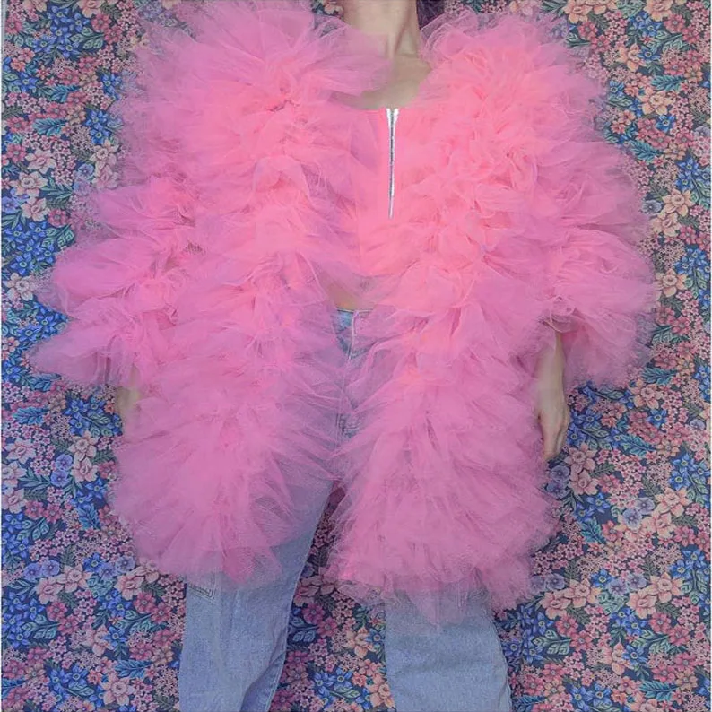 

Комплект женский из тюля, удлиненный, розовый, без рукавов, с оборками