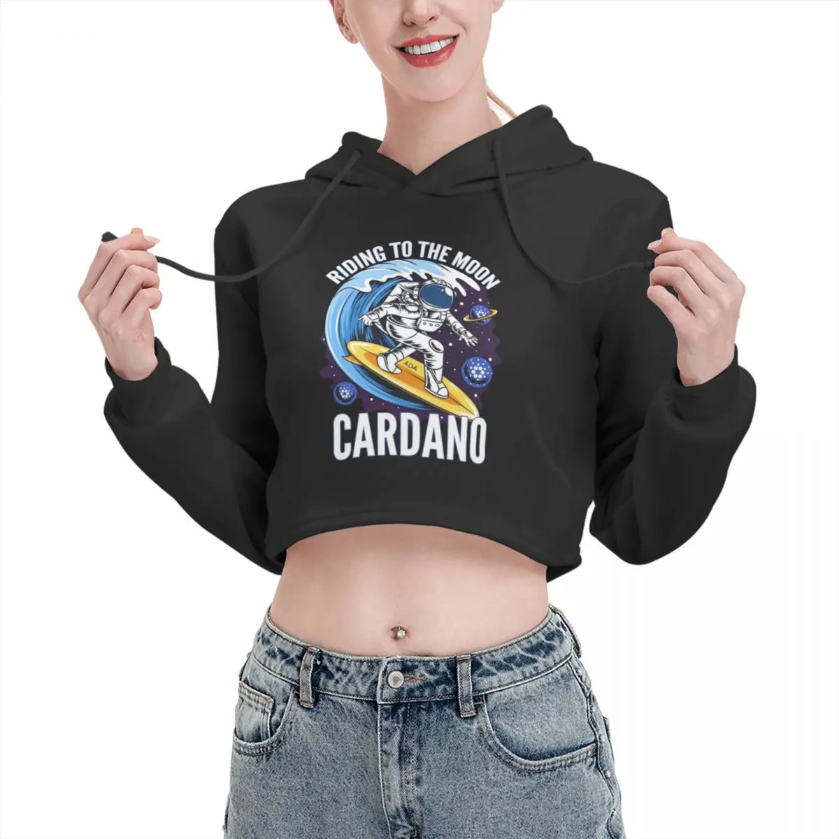 

Open navel Cat Ear Hoodie Sweater Riding To The Moon Cardano ADA Crypto Hooded rope Funny Novelty sexy Print Nakamoto pullover