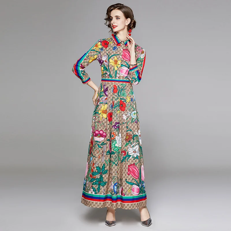 

Printed Dress Button Tshirt Lapel Long Sleeve Comfortable Fabrics Temperament Dresses Bohemia Clothes Autumn