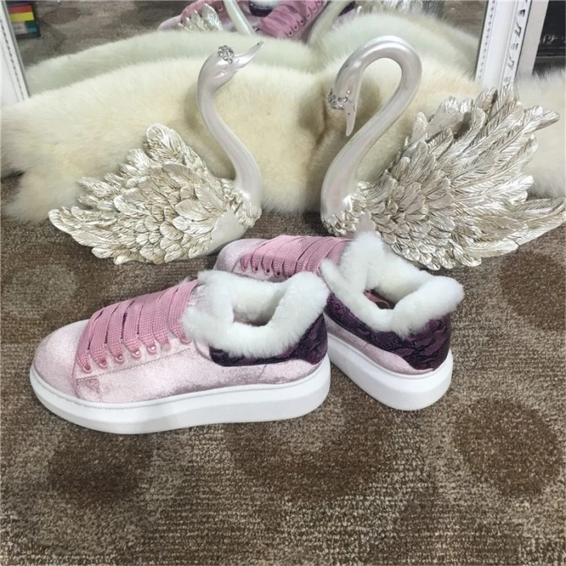 Новые модные бархатные женские кроссовки со шнуровкой зимние носки меховые