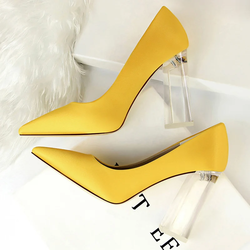 2020 Plus Size 43 Women Block 10cm High Heels Lady Scarpins Green Satin Clear Pumps Wedding Yellow Blue Silk Transparent Shoes | Обувь