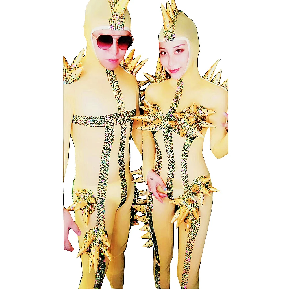 

Sparkling Rhinestones Mesh Gauze Tight Jumpsuit Women Men Spikes Decoration Role Playing Costume Personality Performance Costume