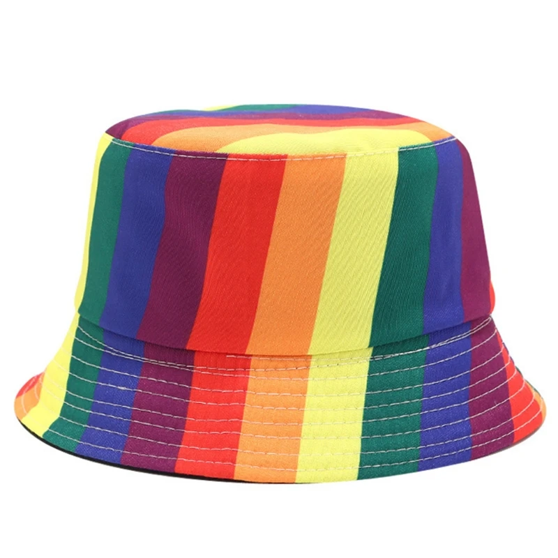 

Unisex Rainbow Striped Printed Bucket Sun Hat Double Sided Reversible Wide Brim Sunscreen Hip Hop Panama Fisherman Cap