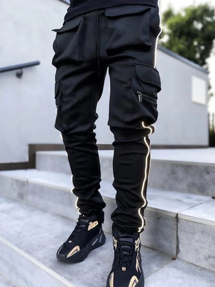 

Spring And Autumn Tooling Pants Men's Tide Brand Stretch Multi-Pocket Reflective Straight Sports Fitness Leisure Trousers