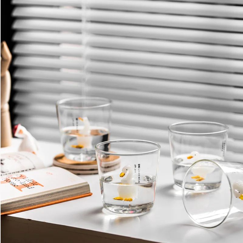 

4PCS Transparent Whiskey Wine Glasses 3D Cute Lucky Duck Beer Coffee Cup Home Bar Milk Tea Mugs Drinkware Couple Water Glass Cup
