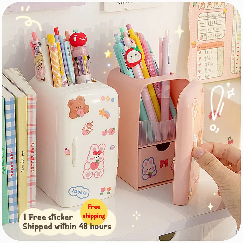 

Kawaii Desk Organizer Refrigerator Pen Holder Student Cute Large-capacity Desktop Organizer Creative Storage Tube Pencil Case