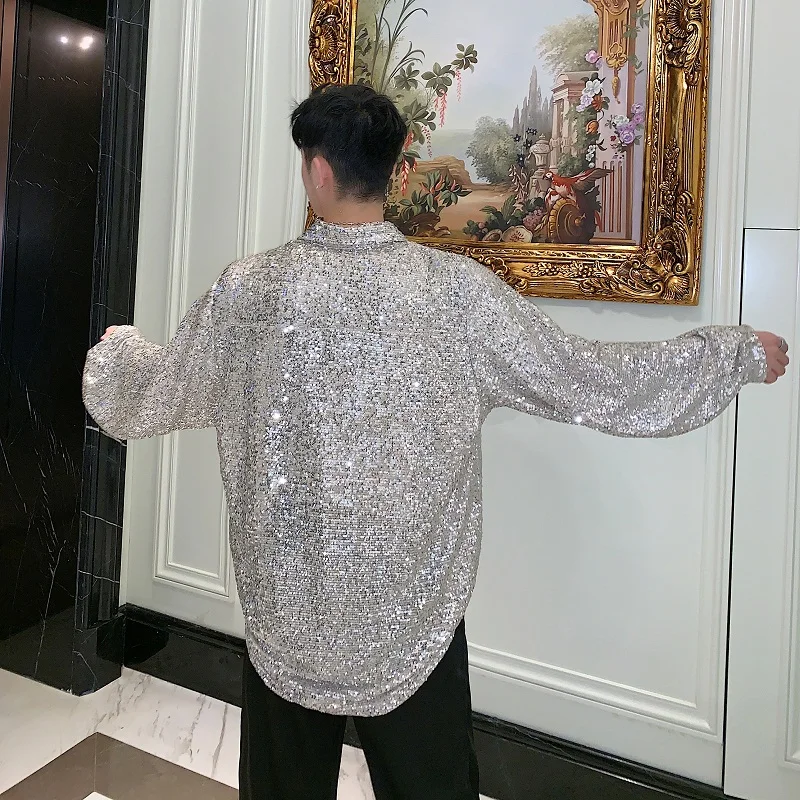 Мужская Блестящая футболка с длинным рукавом винтажная свободная