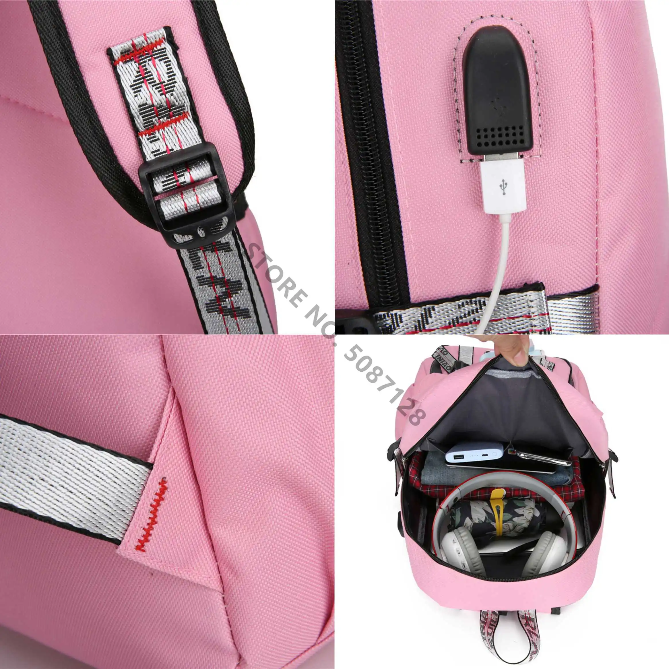 Pink Canvas Backpack Women School Bags for Teenage Girls Preppy Style Large Capacity USB Back Pack Rucksack Youth Bagpack 2020