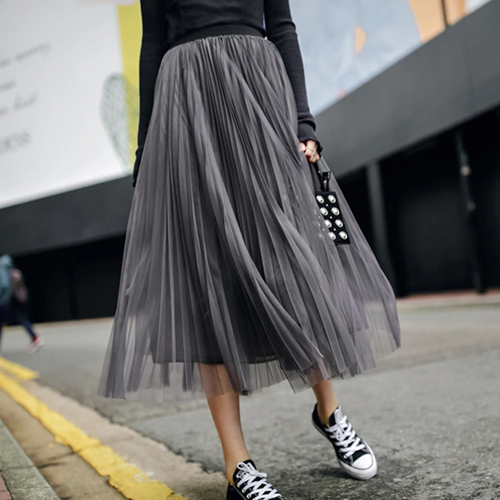 Женское повседневное фатиновое кружевное платье Однотонная юбка с высокой