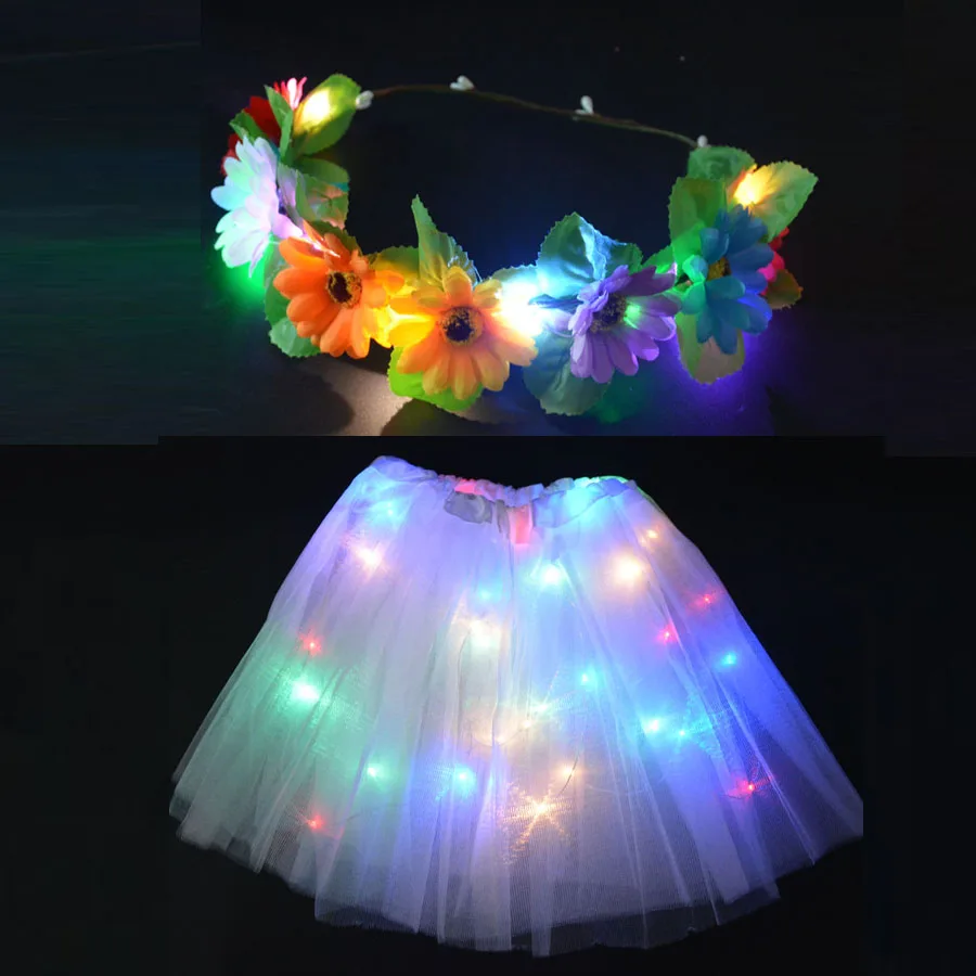 

LED Glow Girl Tutu Skirt Wreath Costume Kids Baby Birthday Party Flower Fairy Fancy Dress Wedding Festival Christmas