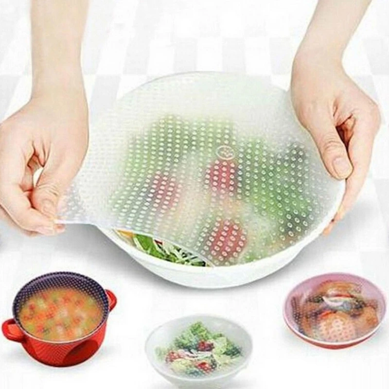 

4 Pcs Reusable Silicone Food Wrap Cling Film Transparent Saver Lids Seal Cover Stretch Kitchen Helpers Refrigerator