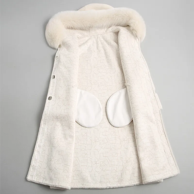 

Women's Real Coat Wool Female Jacket Sheep Shearing Coats Warm Winter Jackets Natural Fox Fur Hood KQN19113-1