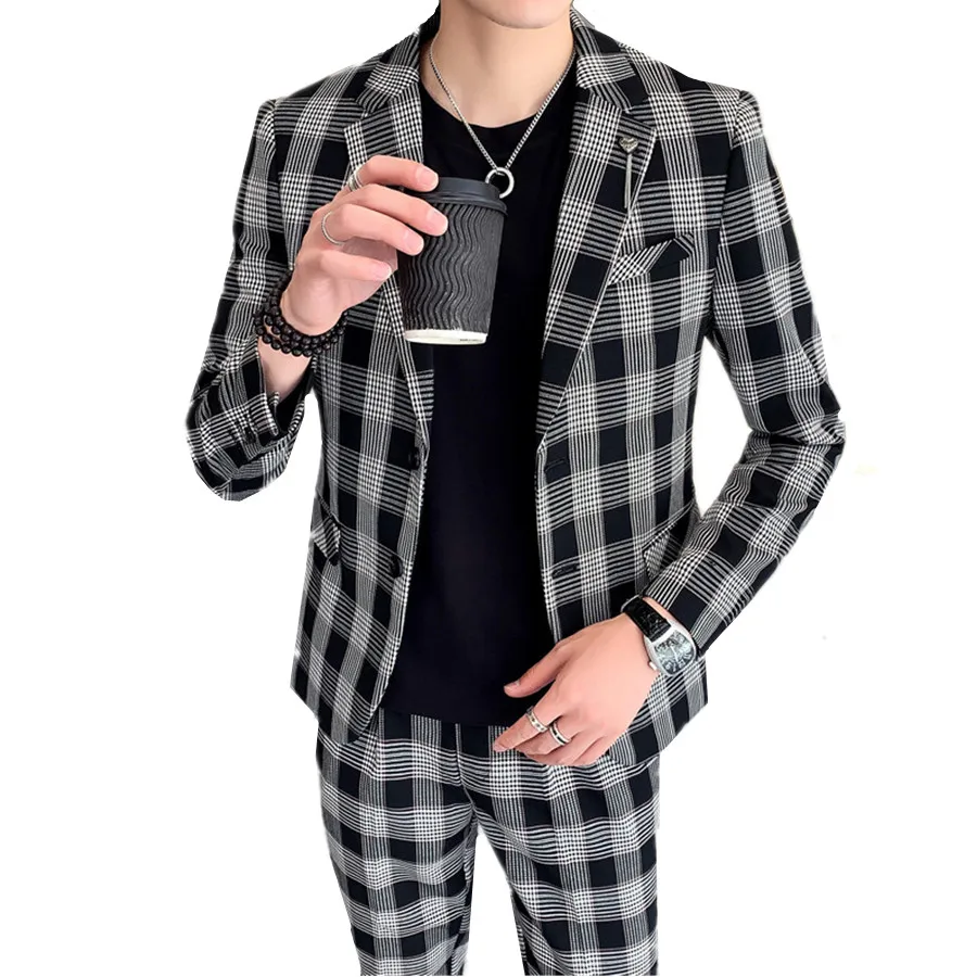 

New Men's Long Sleeve Suits 2020 Fashion Slim Fit Mens Plaid Blazer Jacket and Pants Size S - XXXL Business Casual Suit Men