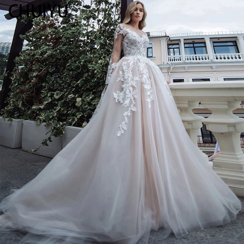

HERBURNL Elegant Wedding Dress Backless Long Sleeve A-Line Wedding Dress Lace Applique Full Sleeve Illusion Long Ladies Party