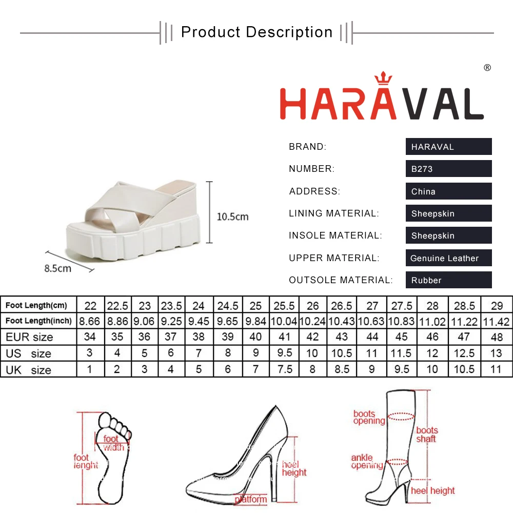 

HARAVAL Women Slides Thick Bottom High Heels Wedges Outside Waterproof Platform Patchwork Summer White Brown Genuine LeatherB273