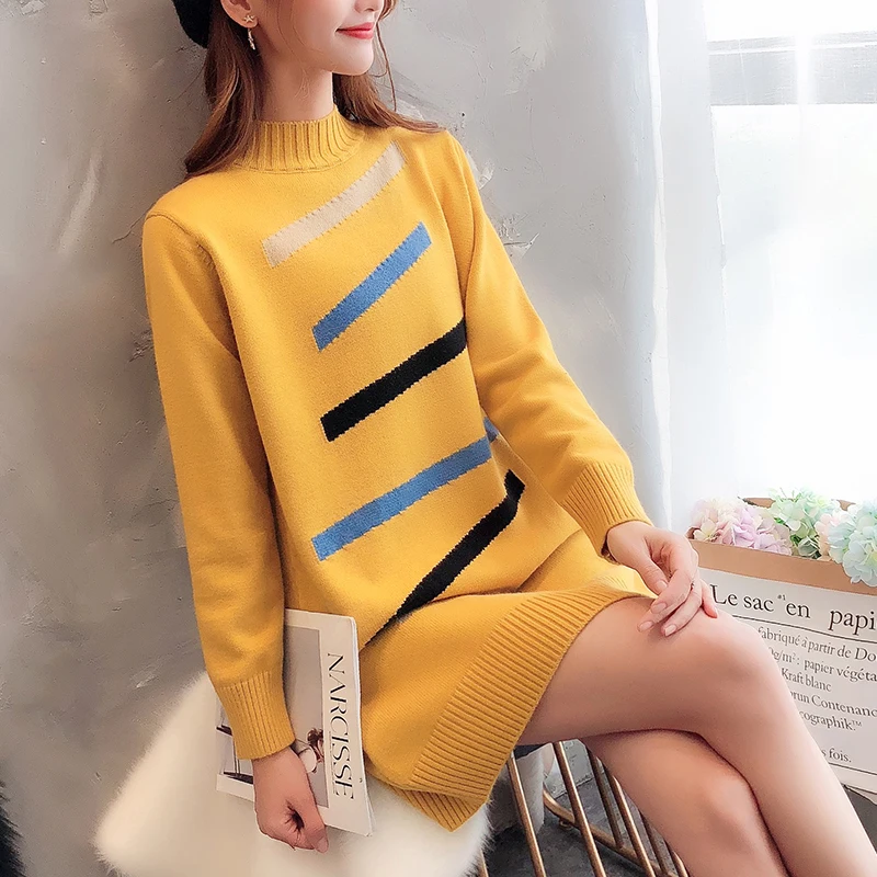 Корейское модное женское платье-свитер женские вязаные платья элегантные