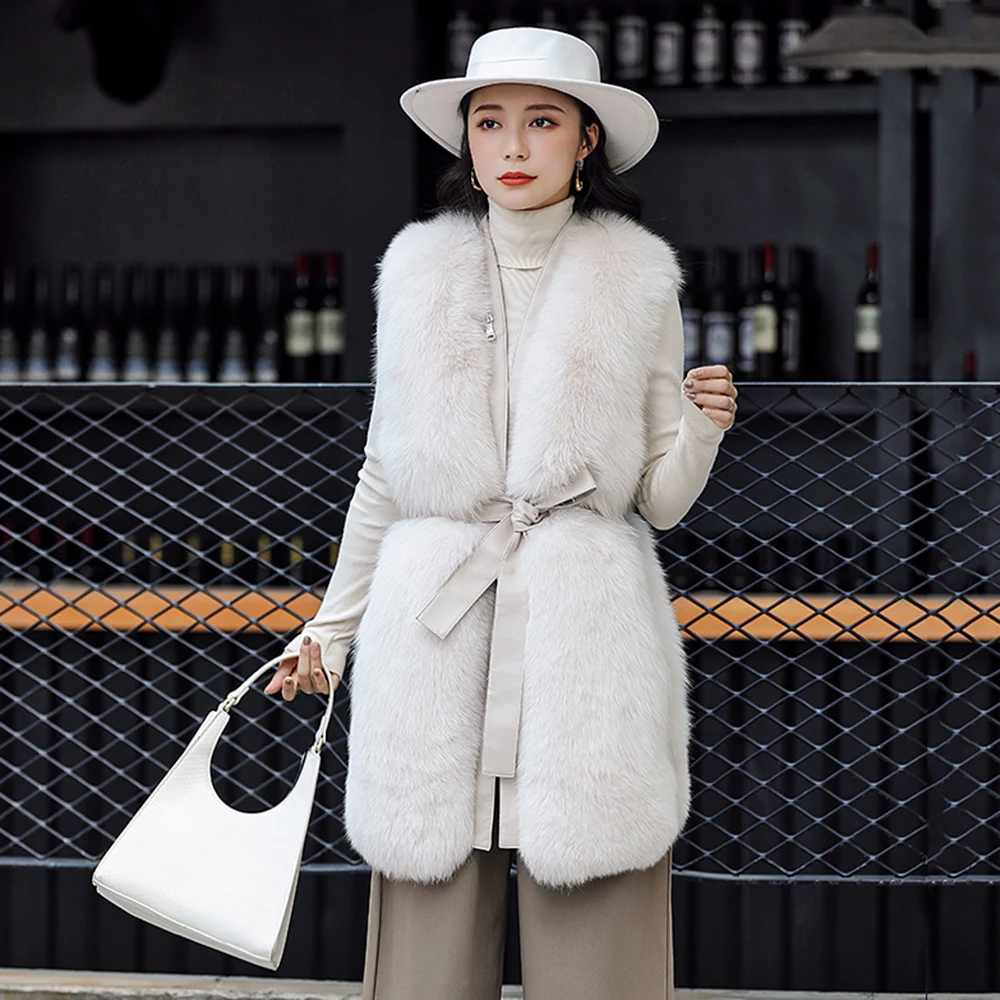 Женский Длинный Меховой жилет с поясом теплая безрукавка из натурального