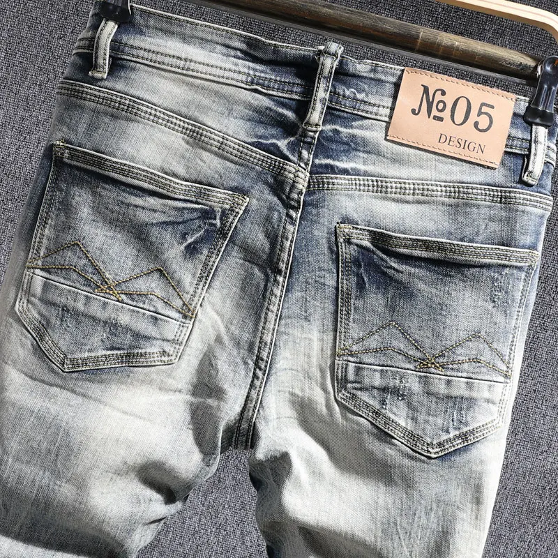 European Street Fashion Men Jeans Retro Distressed Elastic Slim Ripped Jeans Men Vintage Patchwork Designer Casual Denim Pants