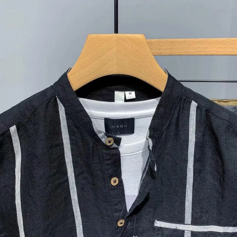 

MISSKY Men Shirt Striped Shirt Short Sleeved Shirt Stylish Comfortable Linen Elbow Sleeve Shirt Male Tops New 2020