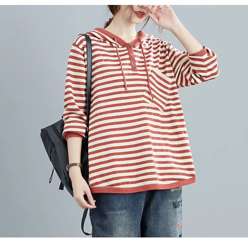 

Autumn and Winter Korean Version 2021 New Loose Large Size Literary Drawstring Hooded Striped Sweater Women's Long-sleeved Shirt