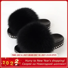 Fur Slippers Women House Fluffy Slippers Home Female Furry Slides Indoor Summer Real Fur Flip Flops Ladies Luxury Sandals Shoes